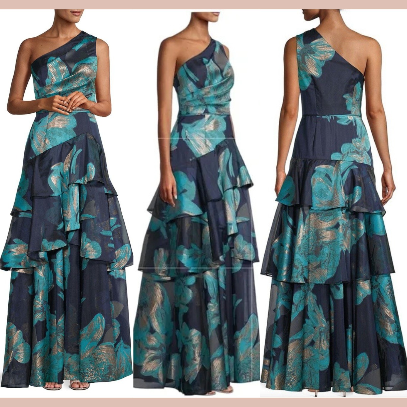 Nwt Aidan Mattox [ 10 ] One Shoulder Tiered Ruffle A-Line Metallic Gown J2007
